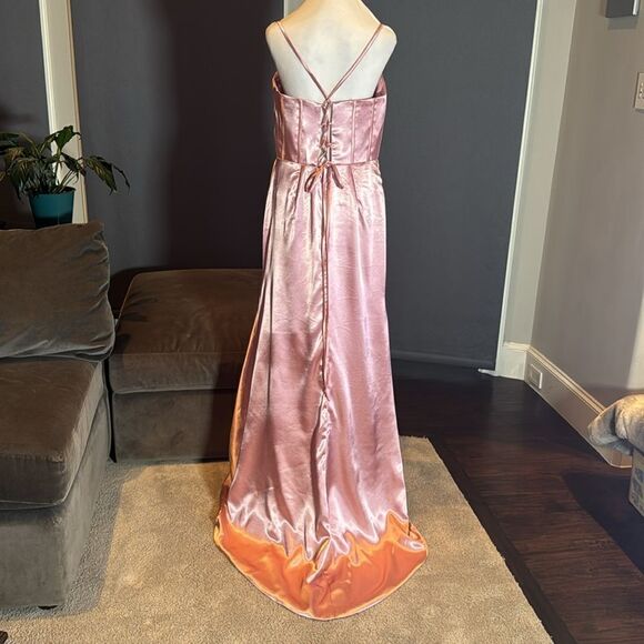 Pink Full Length Prom Party Dress Criss Cross Back Straps Leg Slit Size 14 NEW - Picture 5 of 11